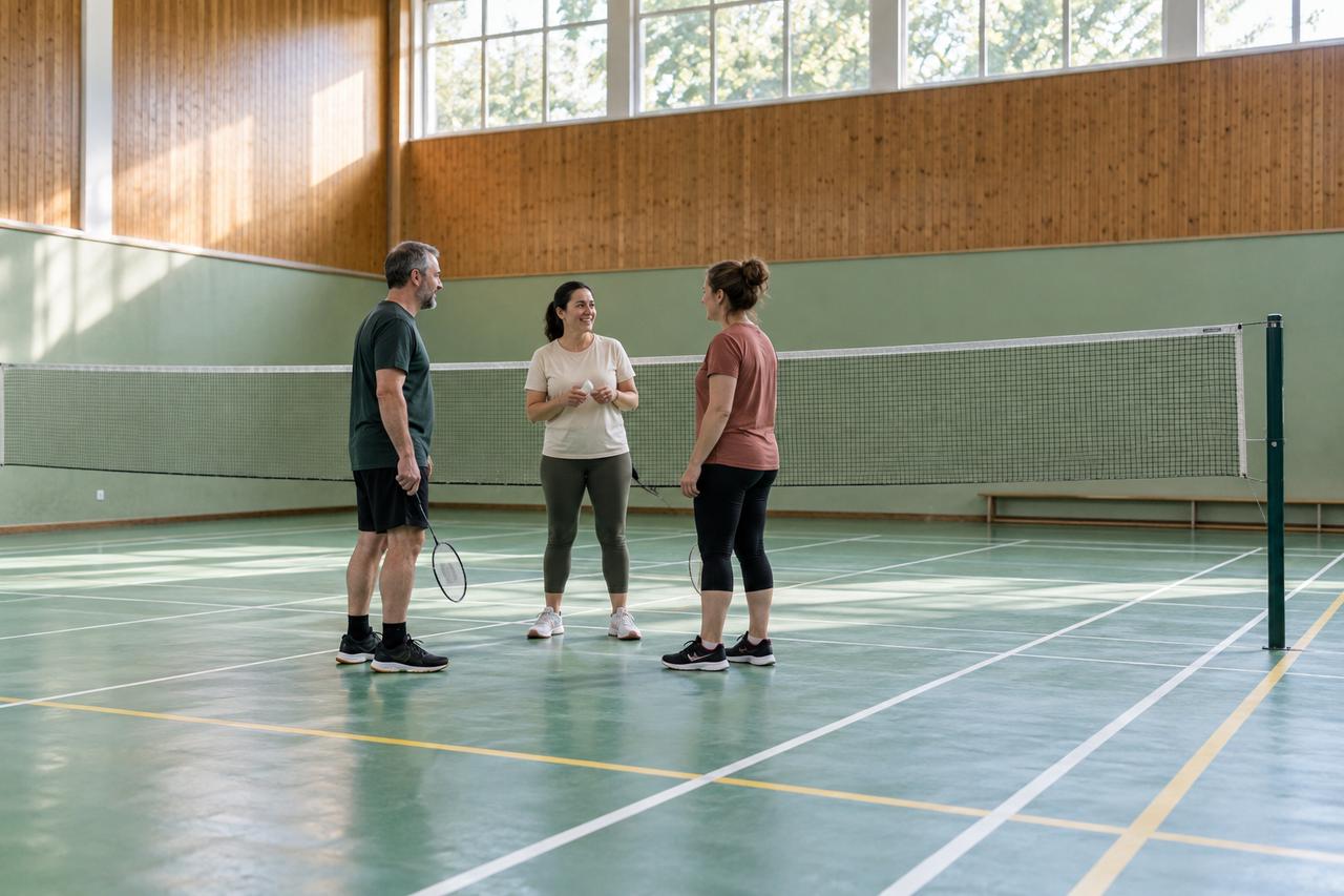 Tres personas adultas conversan con raquetas junto a una red de bádminton en un polideportivo luminoso.