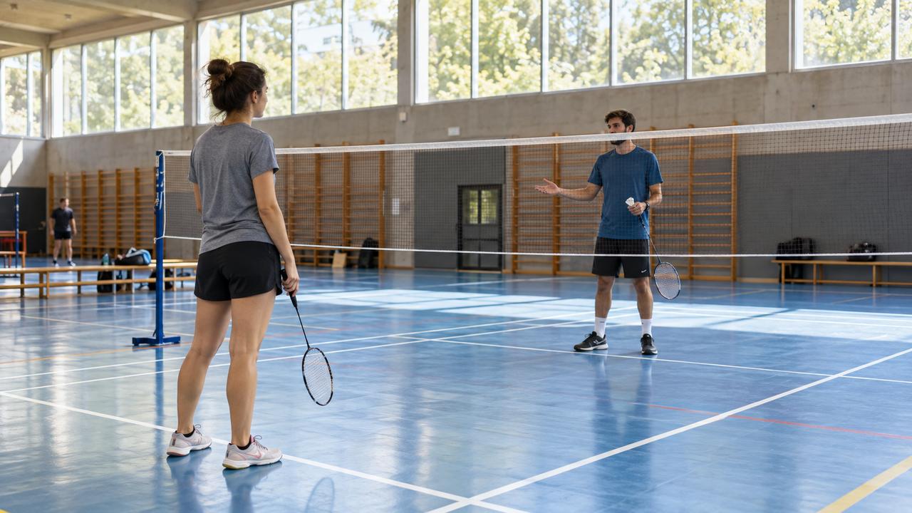 Una jugadora con raqueta escucha a su compañero al otro lado de la red en una pista de bádminton luminosa.