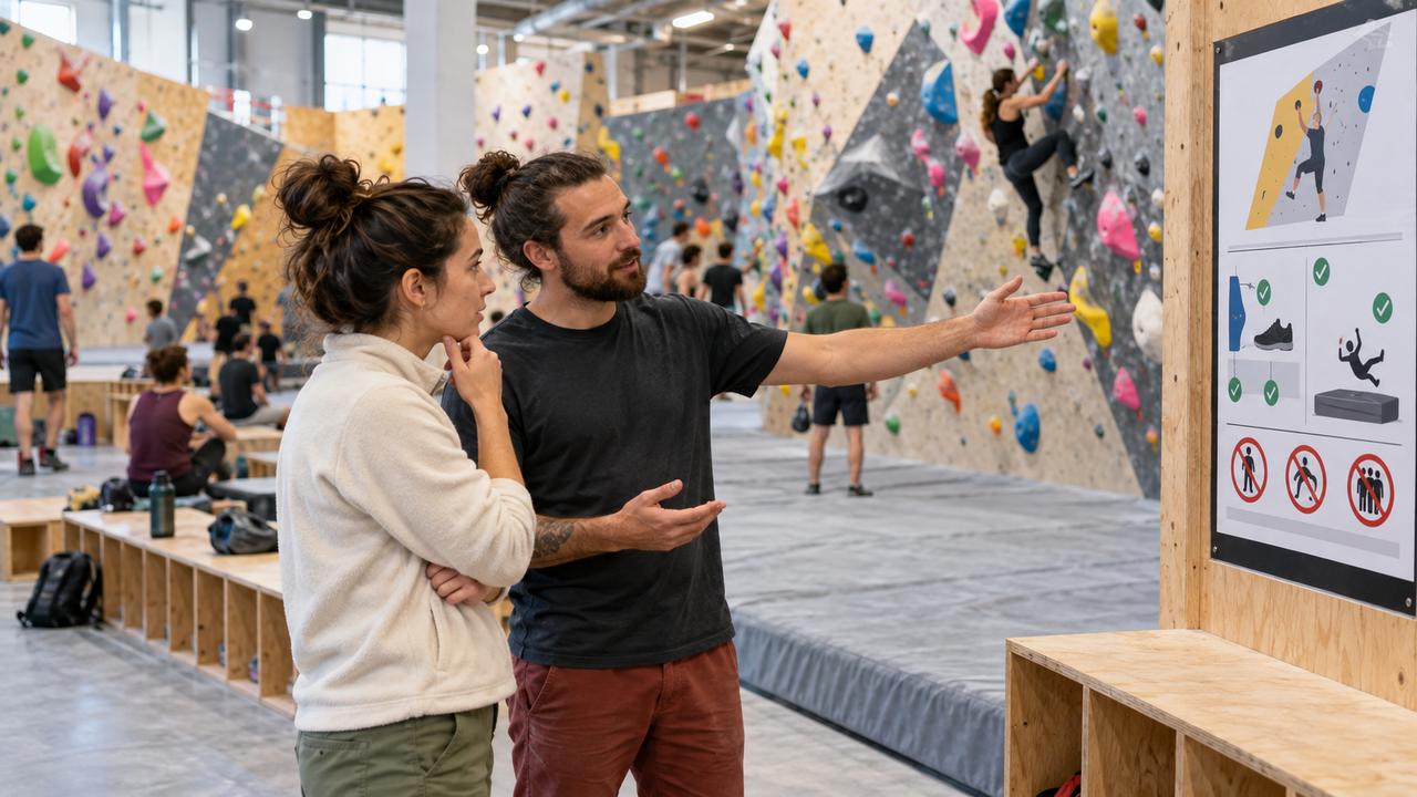 Una persona que visita un rocódromo por primera vez pregunta a un trabajador por las zonas de escalada.