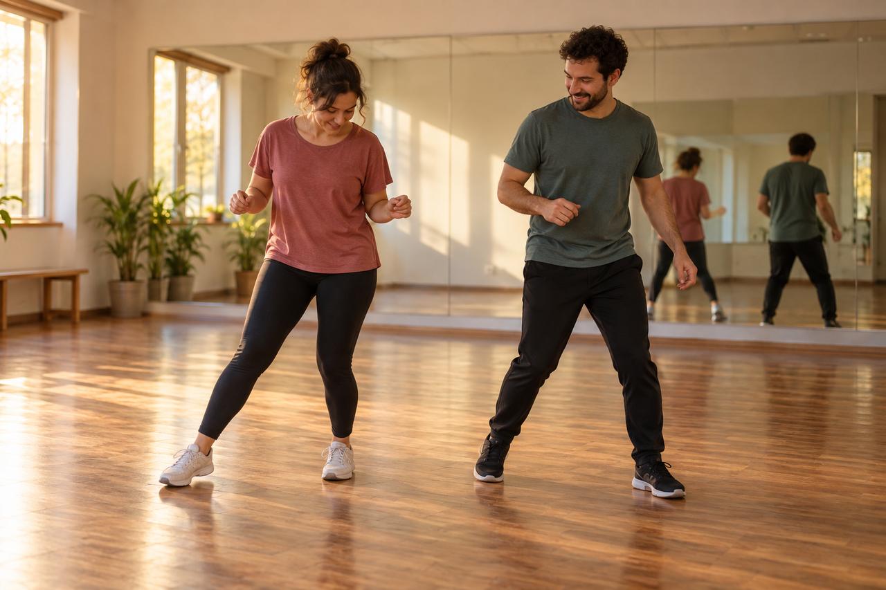 Dos personas adultas practican un paso lateral en una clase de baile para principiantes.