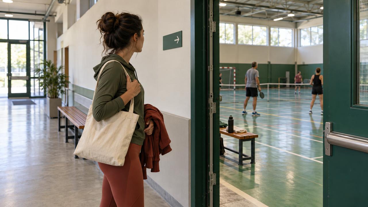 Una persona adulta recorre el pasillo de un polideportivo luminoso mientras observa la pista desde la puerta.