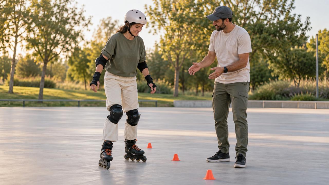 Una persona adulta con casco y protecciones practica despacio con patines en una pista plana y despejada.